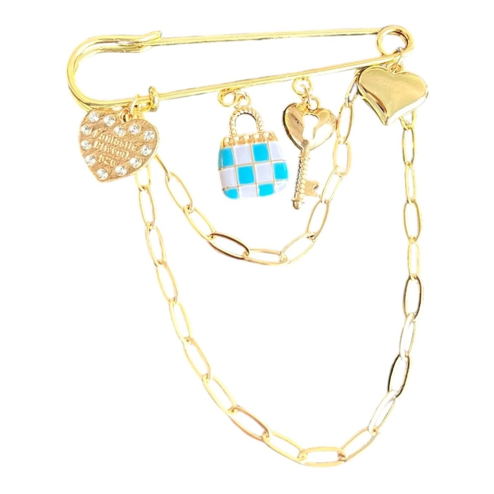 Chic Gold Tone Charm Brooch Pin 2.75" Fashion Heart Key Handbag Rhinestone